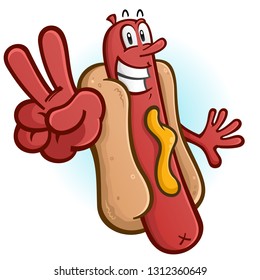 Hot Dog Cartoon Character Flashing a Peace Sign