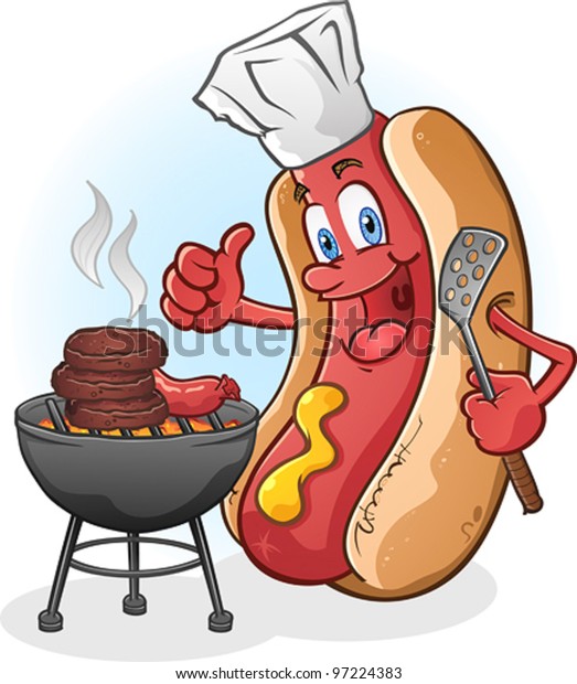 Hot Dog Cartoon Character Grilling Burgers Outside