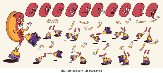 Hot dog cartoon character with groovy comic faces set. Funny roller sausage mascot with bundle of happy, sad, smile, angry and other facial emotions, legs poses, hands gestures. Vector illustration.