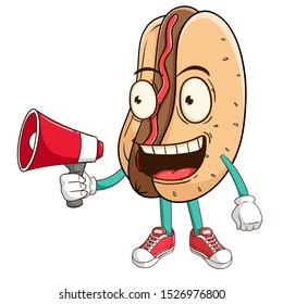 Hot dog cartoon character holding megaphone with funny smile face