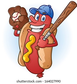 Hot Dog Cartoon Character Playing Baseball