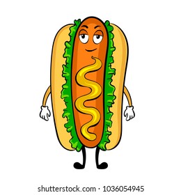 Hot dog cartoon character pop art retro vector illustration. Cartoon food character. Isolated image on white background. Comic book style imitation.