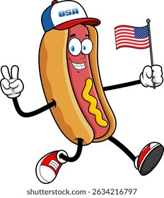 Personagem de Desenho Animado Hot Dog Correndo com Bandeira Americana Com Gesto de Paz - Ilustração desenhada à mão vetorial isolada sobre fundo transparente