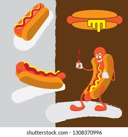 Hot Dog Cartoon Character Squirting Mustard and Ketchup. Hot dog icons.