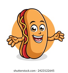 Hot Dog Cartoon Character Surprising Pose Happy Mascot Illustration, Vector Clipart