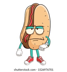 Hot dog cartoon character tired waiting someone with funny bad expression