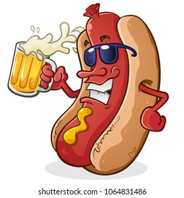 Hot Dog Cartoon Character Wearing Sunglasses and Drinking a Mug of Beer With Sunglasses and Attitude