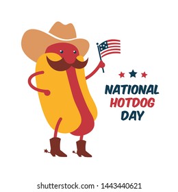 Hot Dog Cartoon Character Wearing cowboy hat, boots and mustache  isolated on white.Vector illustration.