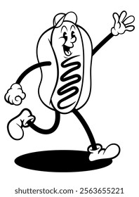 Hot Dog cartoon characters wearing baseball hat and greetings. Best for outline, logo, and coloring book with food themes in vintage cartoon styles