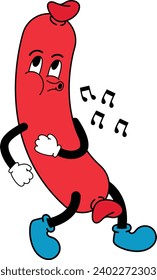 Hot dog cartoon character.Vector a cartoon hot dog pointing with a smile.kielbasa, cooking, wiener, outdoor, bratwurst, juicy, sign, clip art, dog, ke