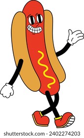 Hot dog cartoon character.Vector is a cartoon hot dog pointing with a smile.kielbasa, cooking, wiener, outdoor, bratwurst, juicy, sign, clip art, dog.