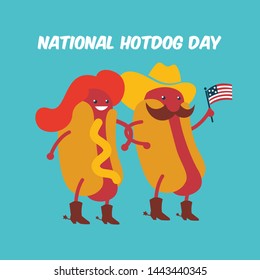 Hot Dog Cartoon couple Characters Wearing cowboy hat, boots and mustache  isolated on blue.Vector illustration.