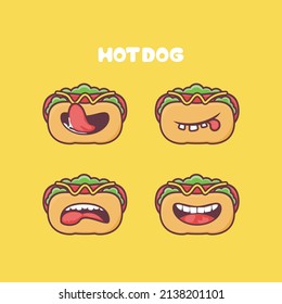 Hot Dog cartoon. fast food vector illustration. with different mouth expressions. cute cartoon