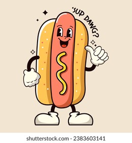 Hot Dog cartoon groovy character. Vector illustration.