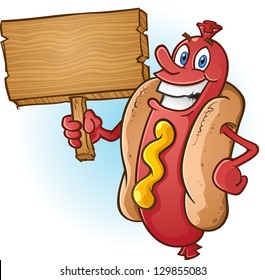 Hot Dog Cartoon Holding a Blank Wooden Sign