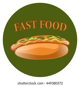 Hot Dog Cartoon Illustration. Classic american fast food - sausage with mustard in a bun. Hotdog sandwich. Vector isolated icon of hot-dog for poster, menus, brochure, web and mobile application.