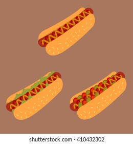 Hot Dog Cartoon Illustration mustard. Classic american fast food set