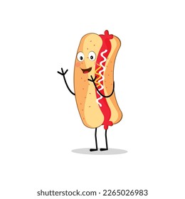 Hot Dog Cartoon mascot character. Food concept. Posters, menus, brochures, web, and icon fast food.  illustration fast food. Funny hot dog, wiener, frankfurter character with eyes, legs.
