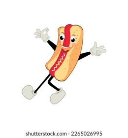 Hot Dog Cartoon mascot character. Food concept. Posters, menus, brochures, web, and icon fast food.  illustration fast food. Funny hot dog, wiener, frankfurter character with eyes, legs.