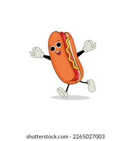 Hot Dog Cartoon mascot character. Food concept. Posters, menus, brochures, web, and icon fast food.  illustration fast food. Funny hot dog, wiener, frankfurter character with eyes, legs.