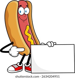Hot Dog Cartoon Mascot Character Pointing At Blank Sign – Vector Hand Drawn Illustration Isolated On Transparent Background