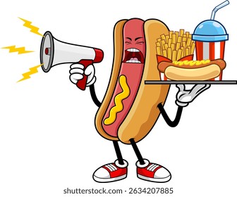 Hot Dog Cartoon Mascot Character Yelling Through Megaphone And Holding Fast Food Tray – Vector Hand Drawn Illustration Isolated On Transparent Background