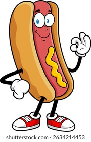 Hot Dog Cartoon Mascot Character Smiling And Making OK Hand Gesture – Vector Hand Drawn Illustration Isolated On Transparent Background