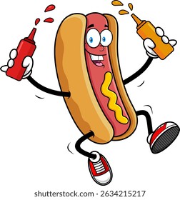 Hot Dog Cartoon Mascot Character Jumping With Ketchup And Mustard Bottles – Vector Hand Drawn Illustration Isolated On Transparent Background
