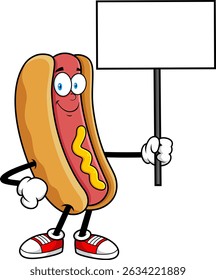 Hot Dog Cartoon Mascot Character Smiling And Holding Blank Sign – Vector Hand Drawn Illustration Isolated On Transparent Background