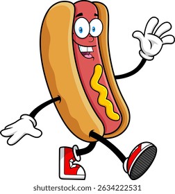 Hot Dog Cartoon Mascot Character Smiling And Waving Hello – Vector Hand Drawn Illustration Isolated On Transparent Background