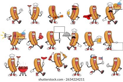 Hot Dog Cartoon Mascot Character. Vector Hand Drawn Collection Set Isolated On Transparent Background