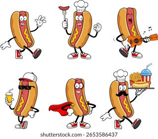 Personagem De Mascote De Cartoon De Cachorro Quente Em Poses Diferentes - Conjunto De Coleção De Pacotes Desenhado À Mão Vetor Isolado No Fundo Transparente