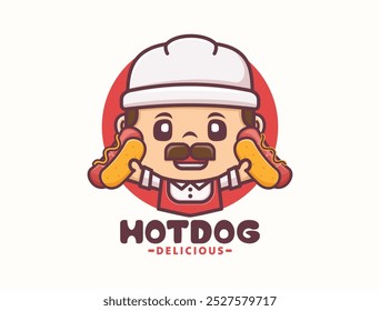 hot dog cartoon mascot, fast food template logo design, vector illustration in outline style.