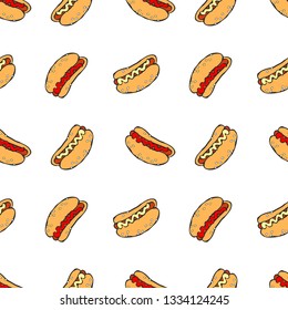 Hot Dog. Cartoon print. Seamless vector pattern (background).