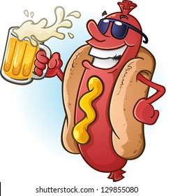 Hot Dog Cartoon Wearing Sunglasses and Drinking Cold Beer