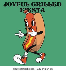Hot dog Character Design With Slogan Joyful Grilled Fiesta
