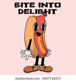 Hot dog Character Design With Slogan Bite into delight