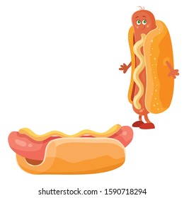 hot dog and hot dog character, isolated object on a white background, food, fast food, roll, nipple, vector illustration