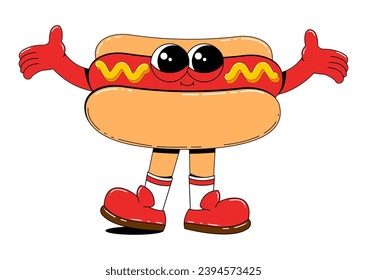 Hot dog character in retro cartoon style. Fast food vector illustration on white isolated background. Hot Dog with arms, legs and a cheerful face.