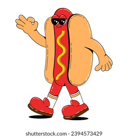 Hot dog character in retro cartoon style. Fast food vector illustration on white isolated background. Hot Dog with arms, legs and a cheerful face.