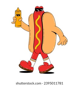 Hot dog character in retro cartoon style. Vector illustration of a cute fast food mascot with arms and legs. Isolated illustration on white background.