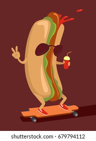 Hot dog character skating on longboard flat vector illustration