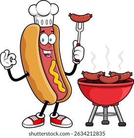 Hot Dog Chef Cartoon Mascot Character Grilling – Vector Hand Drawn Illustration Isolated On Transparent Background
