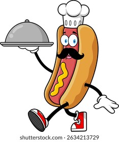 Hot Dog Chef Cartoon Mascot Character Walking with Serving Platter – Vector Hand Drawn Illustration Isolated On Transparent Background