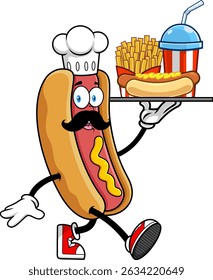 Hot Dog Chef Cartoon Mascot Character Serving Fast Food Tray With Fries And Soda – Vector Hand Drawn Illustration Isolated On Transparent Background