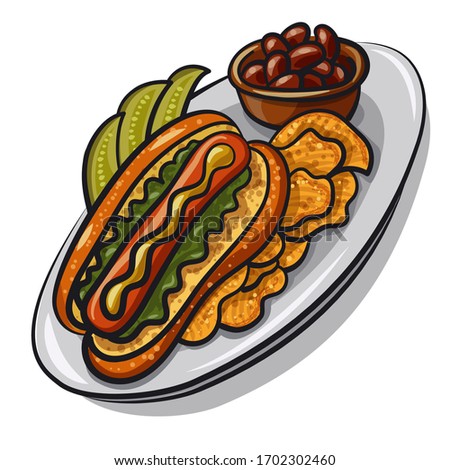 Hot Dog with Chips and Pickle and Beans