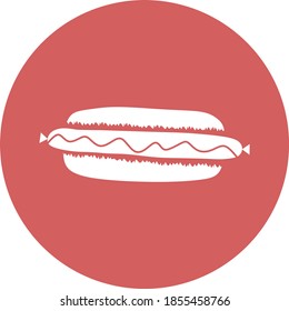 Hot dog in circle icon. Cute hot dog in flat style. Vector art illustration in round shape icon. Elements for design food products, logo farm, grocery store, fast food. 