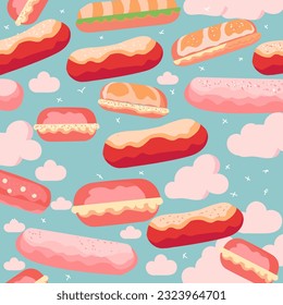 hot dog and cloud food pattern on cute blue background