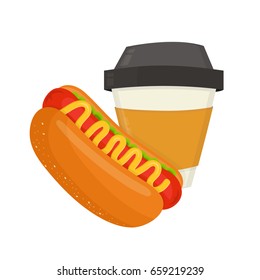 Hot dog and coffee cup. Vector modern flat style cartoon illustration. Isolated on white background. Fast food cafe menu concept