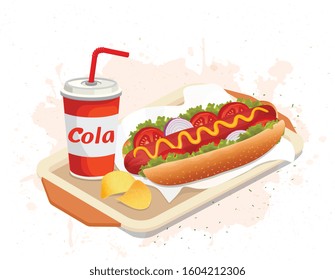 hot dog with a cold drink and potato chips vector illustration